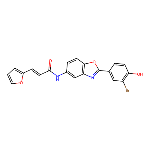 (E)-N-[(2E)-2-(3-bromo-4-oxocyclohexa-2,5-dien-1-ylidene)-3H-1,3-benzoxazol-5-yl]-3-(furan-2-yl)prop-2-enamide structure