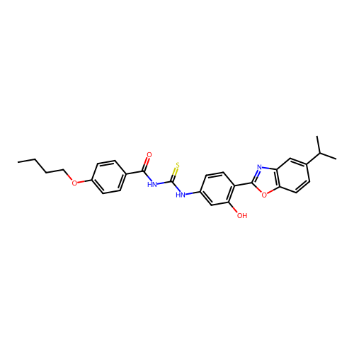 4-butoxy-N-((3-hydroxy-4-(5-isopropylbenzo[d]oxazol-2-yl)phenyl)carbamothioyl)benzamide structure