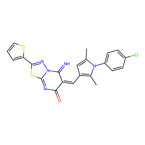 (E)-6-((1-(4-chlorophenyl)-2,5-dimethyl-1H-pyrrol-3-yl)methylene)-5-imino-2-(thiophen-2-yl)-5H-[1,3,4]thiadiazolo[3,2-a]pyrimidin-7(6H)-one structure
