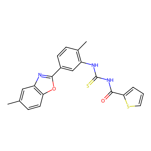 1-[2-Methyl-5-(5-methyl-benzooxazol-2-yl)-phenyl]-3-(thiophene-2-carbonyl)-thiourea structure