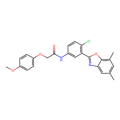 N-[4-chloro-3-(5,7-dimethyl-1,3-benzoxazol-2-yl)phenyl]-2-(4-methoxyphenoxy)acetamide structure