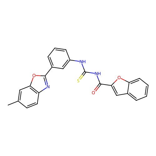 N-((3-(6-methylbenzo[d]oxazol-2-yl)phenyl)carbamothioyl)benzofuran-2-carboxamide structure
