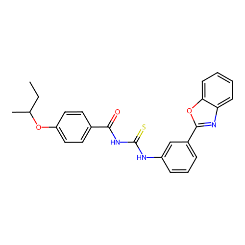 N-((3-(benzo[d]oxazol-2-yl)phenyl)carbamothioyl)-4-(sec-butoxy)benzamide structure
