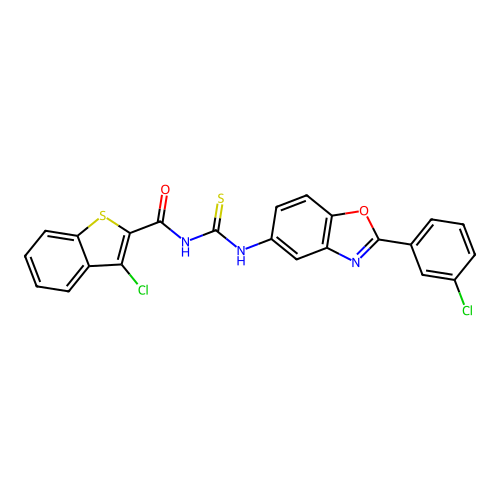 3-chloro-N-[[2-(3-chlorophenyl)benzooxazol-5-yl]thiocarbamoyl]benzothiophene-2-carboxamide structure