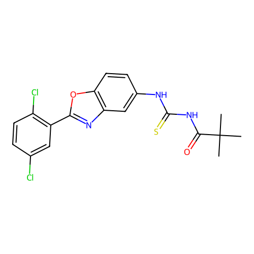 N-((2-(2,5-dichlorophenyl)benzo[d]oxazol-5-yl)carbamothioyl)pivalamide structure