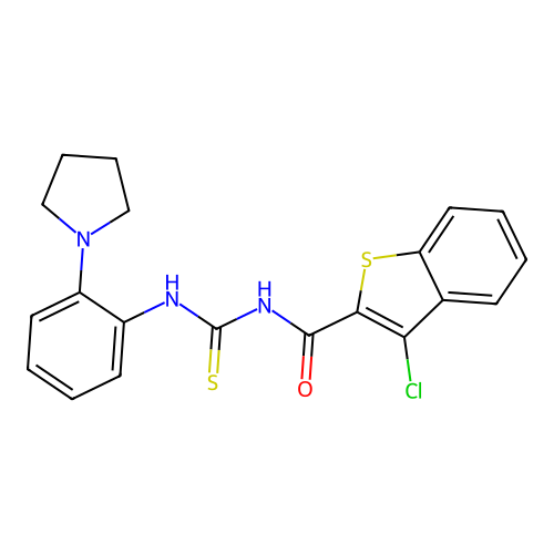3-chloro-N-((2-(pyrrolidin-1-yl)phenyl)carbamothioyl)benzo[b]thiophene-2-carboxamide structure