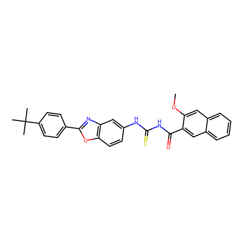 N-((2-(4-(tert-butyl)phenyl)benzo[d]oxazol-5-yl)carbamothioyl)-3-methoxy-2-naphthamide structure