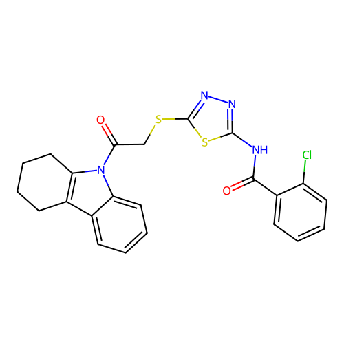 2-chloro-N-(5-((2-(3,4-dihydro-1H-carbazol-9(2H)-yl)-2-oxoethyl)thio)-1,3,4-thiadiazol-2-yl)benzamide structure