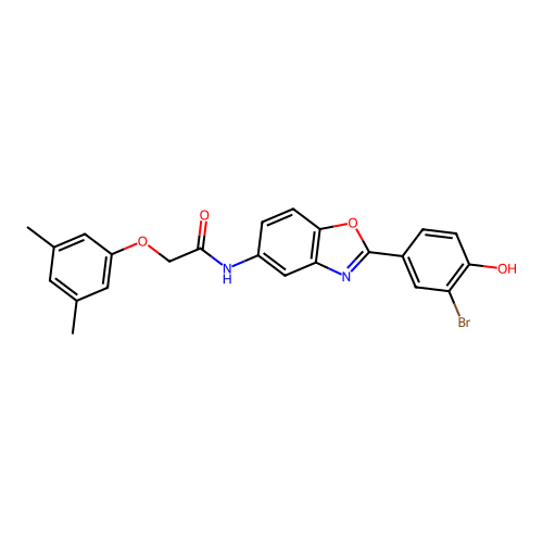 N-[(2E)-2-(3-bromo-4-oxocyclohexa-2,5-dien-1-ylidene)-3H-1,3-benzoxazol-5-yl]-2-(3,5-dimethylphenoxy)acetamide structure