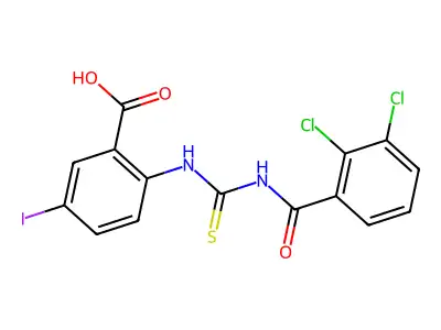 2-[[[(2,3-Dichlorobenzoyl)amino]thioxomethyl]amino]-5-iodo-benzoic acid structure
