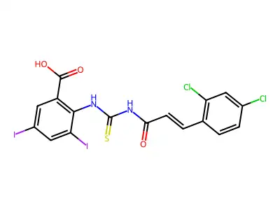 2-[3-(2,4-dichlorophenyl)prop-2-enoylcarbamothioylamino]-3,5-diiodobenzoic acid structure