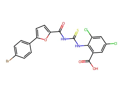 2-[[5-(4-bromophenyl)furan-2-carbonyl]carbamothioylamino]-3,5-dichlorobenzoic acid structure