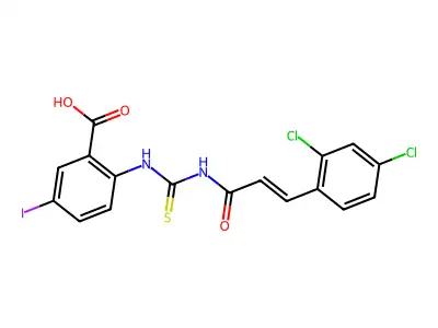 2-[3-(2,4-dichlorophenyl)prop-2-enoylcarbamothioylamino]-5-iodobenzoic acid structure
