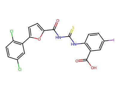 2-[[5-(2,5-dichlorophenyl)furan-2-carbonyl]carbamothioylamino]-5-iodobenzoic acid structure