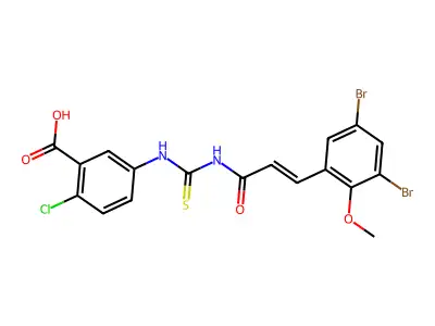 2-chloro-5-[3-(3,5-dibromo-2-methoxy-phenyl)prop-2-enoylthiocarbamoylamino]benzoic Acid structure