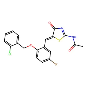N-[(5Z)-5-[[5-bromo-2-[(2-chlorophenyl)methoxy]phenyl]methylidene]-4-oxo-1,3-thiazol-2-yl]acetamide structure