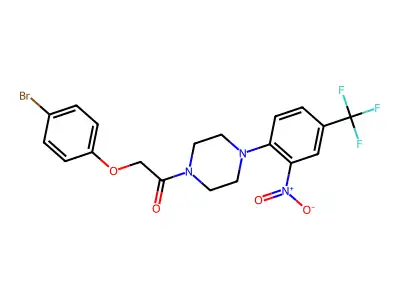 2-(4-bromophenoxy)-1-[4-[2-nitro-4-(trifluoromethyl)phenyl]piperazin-1-yl]ethanone structure
