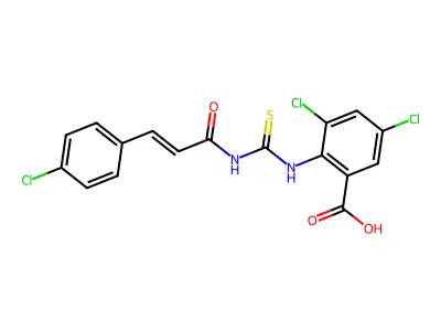 3,5-dichloro-2-[3-(4-chlorophenyl)prop-2-enoylcarbamothioylamino]benzoic acid structure