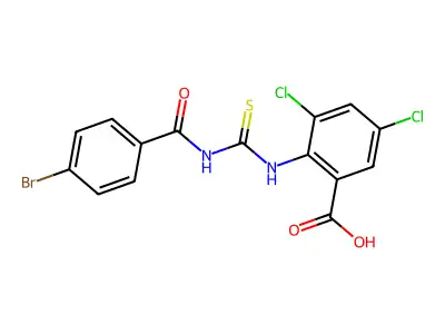2-[[[(4-Bromobenzoyl)amino]thioxomethyl]amino]-3,5-dichloro-benzoic acid structure