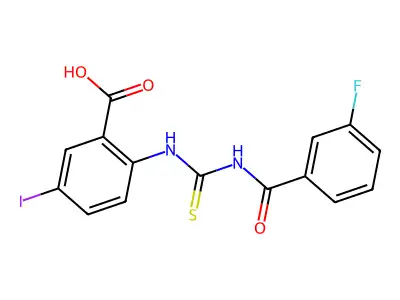 2-[[[(3-Fluorobenzoyl)amino]thioxomethyl]amino]-5-iodo-benzoic acid structure