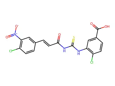 4-chloro-3-({[(2E)-3-(4-chloro-3-nitrophenyl)prop-2-enoyl]carbamothioyl}amino)benzoic acid structure