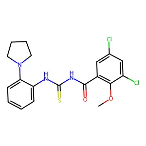 3,5-dichloro-2-methoxy-N-[(2-pyrrolidin-1-ylphenyl)carbamothioyl]benzamide structure