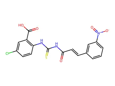 5-chloro-2-[3-(3-nitrophenyl)prop-2-enoylcarbamothioylamino]benzoic acid structure