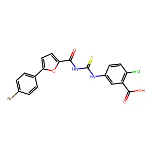 5-[[[[[5-(4-Bromophenyl)-2-furanyl]carbonyl]amino]thioxomethyl]amino]-2-chloro-benzoic acid structure