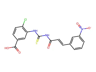 4-chloro-3-({[(2E)-3-(3-nitrophenyl)prop-2-enoyl]carbamothioyl}amino)benzoic acid structure