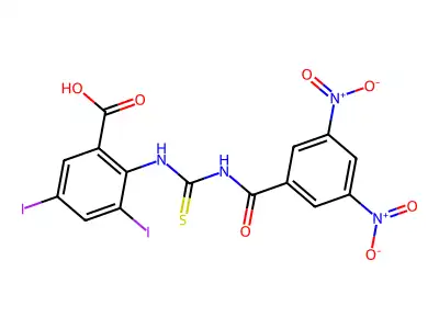 2-[[[(3,5-Dinitrobenzoyl)amino]thioxomethyl]amino]-3,5-diiodo-benzoic acid structure