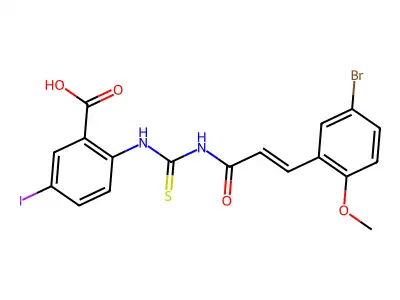 2-[3-(5-bromo-2-methoxy-phenyl)prop-2-enoylthiocarbamoylamino]-5-iodo-benzoic Acid structure
