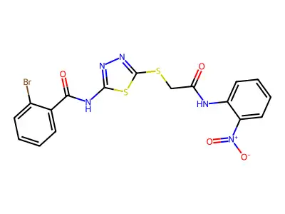 2-bromo-N-[5-[2-(2-nitroanilino)-2-oxoethyl]sulfanyl-1,3,4-thiadiazol-2-yl]benzamide structure