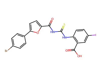 2-[[5-(4-bromophenyl)furan-2-carbonyl]carbamothioylamino]-5-iodobenzoic acid structure