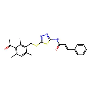 (2E)-N-{5-[(3-acetyl-2,4,6-trimethylbenzyl)sulfanyl]-1,3,4-thiadiazol-2-yl}-3-phenylprop-2-enamide structure