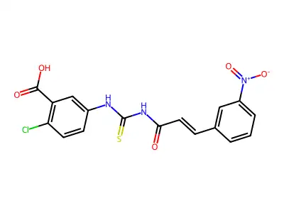 2-chloro-5-[3-(3-nitrophenyl)prop-2-enoylcarbamothioylamino]benzoic acid structure