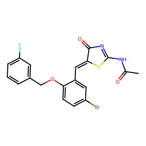 N-[(5Z)-5-[[5-bromo-2-[(3-fluorophenyl)methoxy]phenyl]methylidene]-4-oxo-1,3-thiazol-2-yl]acetamide structure