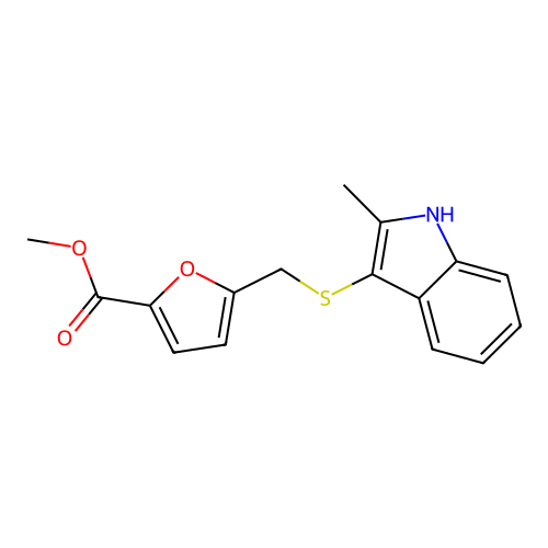 methyl 5-(((2-methyl-1H-indol-3-yl)thio)methyl)furan-2-carboxylate structure