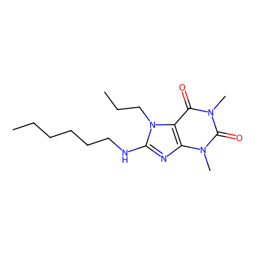 8-(hexylamino)-1,3-dimethyl-7-propyl-3,7-dihydro-1H-purine-2,6-dione structure