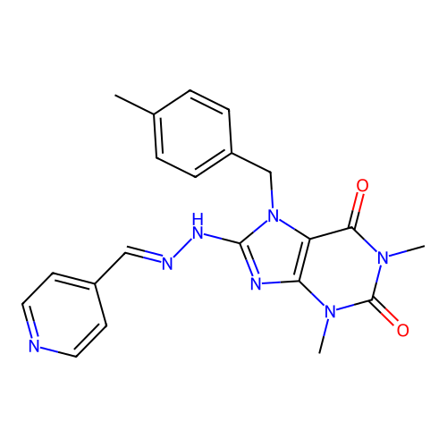 (E)-1,3-dimethyl-7-(4-methylbenzyl)-8-(2-(pyridin-4-ylmethylene)hydrazinyl)-1H-purine-2,6(3H,7H)-dione structure