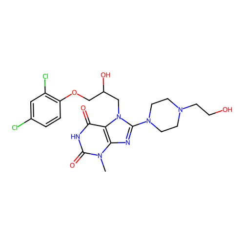 7-(3-(2,4-dichlorophenoxy)-2-hydroxypropyl)-8-(4-(2-hydroxyethyl)piperazin-1-yl)-3-methyl-1H-purine-2,6(3H,7H)-dione structure
