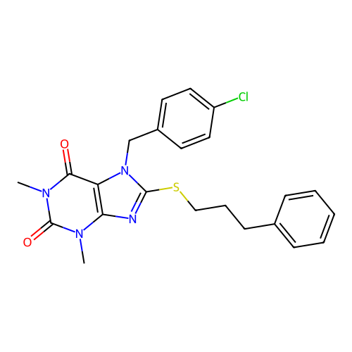 7-[(4-chlorophenyl)methyl]-1,3-dimethyl-8-(3-phenylpropylsulfanyl)purine-2,6-dione structure