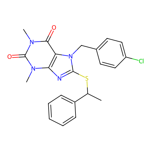 7-[(4-chlorophenyl)methyl]-1,3-dimethyl-8-(1-phenylethylsulfanyl)purine-2,6-dione structure