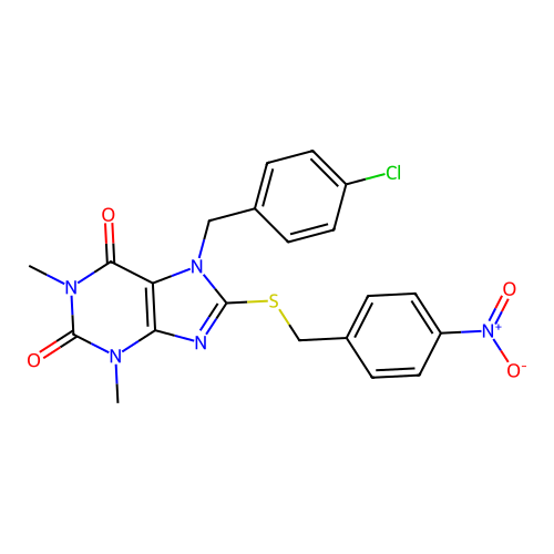 7-(4-chlorobenzyl)-1,3-dimethyl-8-((4-nitrobenzyl)thio)-1H-purine-2,6(3H,7H)-dione structure