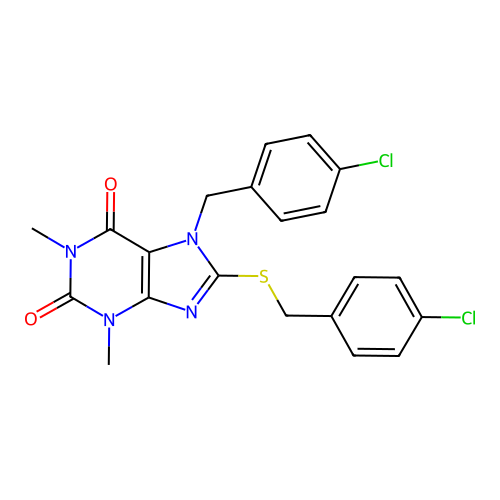 7-(4-chlorobenzyl)-8-[(4-chlorobenzyl)sulfanyl]-1,3-dimethyl-3,7-dihydro-1H-purine-2,6-dione structure