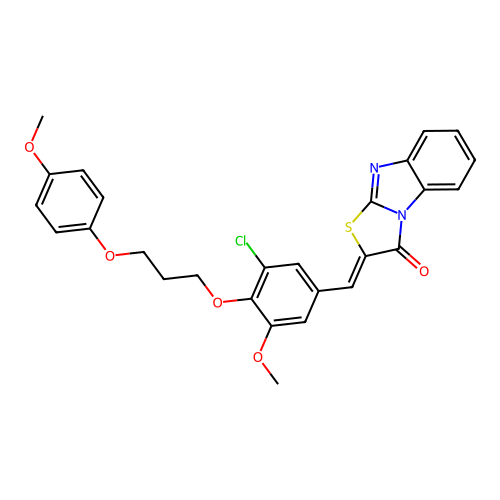(Z)-2-(3-chloro-5-methoxy-4-(3-(4-methoxyphenoxy)propoxy)benzylidene)benzo[4,5]imidazo[2,1-b]thiazol-3(2H)-one structure