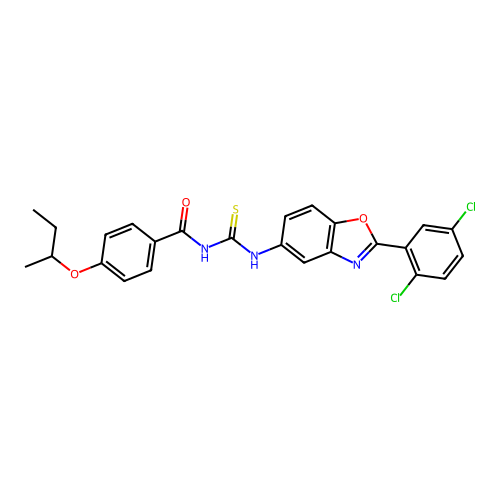 4-(butan-2-yloxy)-N-{[2-(2,5-dichlorophenyl)-1,3-benzoxazol-5-yl]carbamothioyl}benzamide structure