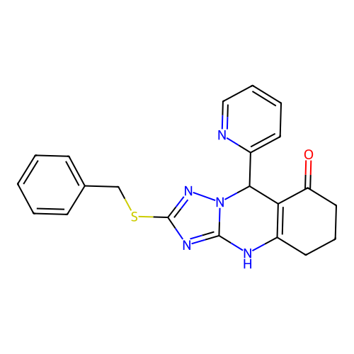 2-(benzylsulfanyl)-9-(pyridin-2-yl)-5,6,7,9-tetrahydro[1,2,4]triazolo[5,1-b]quinazolin-8-ol structure
