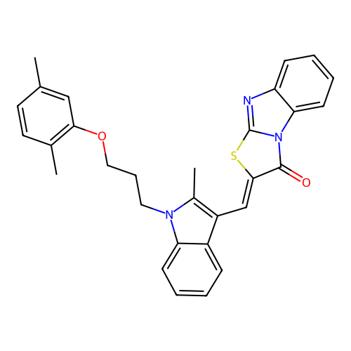 (Z)-2-((1-(3-(2,5-dimethylphenoxy)propyl)-2-methyl-1H-indol-3-yl)methylene)benzo[4,5]imidazo[2,1-b]thiazol-3(2H)-one structure