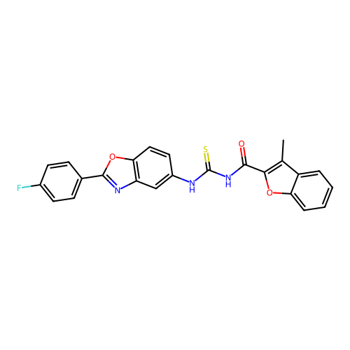 N-((2-(4-fluorophenyl)benzo[d]oxazol-5-yl)carbamothioyl)-3-methylbenzofuran-2-carboxamide structure