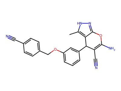 6-Amino-4-{3-[(4-cyanophenyl)methoxy]phenyl}-3-methyl-2,4-dihydropyrano[2,3-c]pyrazole-5-carbonitrile structure